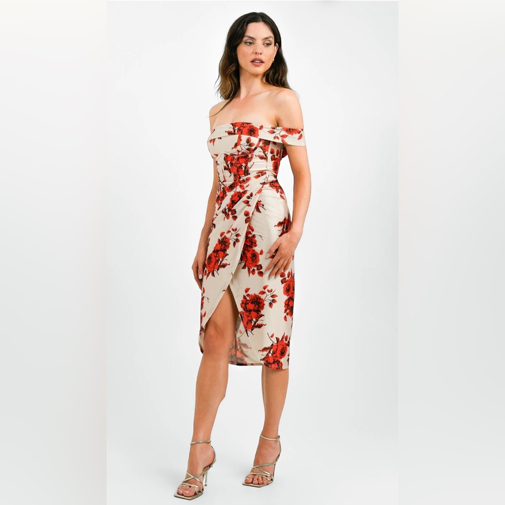 💃 NEW ASOS DESIGN 💃 Bardot Satin Corset Wrap Midi Dress In Rose Print